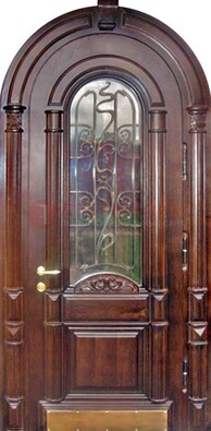 Арочная металлическая дверь массив со стеклом и ковкой ДА-50 в Хотьково