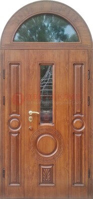 Двустворчатая железная дверь МДФ со стеклом в форме арки ДА-52 в Хотьково