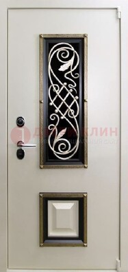 Белая стальная дверь с ковкой со стеклопакетом и МДФ ДК-30 в Хотьково