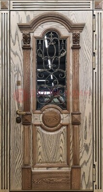 Железная дверь с массивом дуба со стеклом и ковкой ДМД-47 в Хотьково
