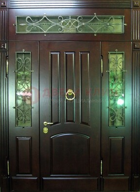 Стальная парадная дверь со стеклом и ковкой ДПР-18 для деревянного дома в Хотьково