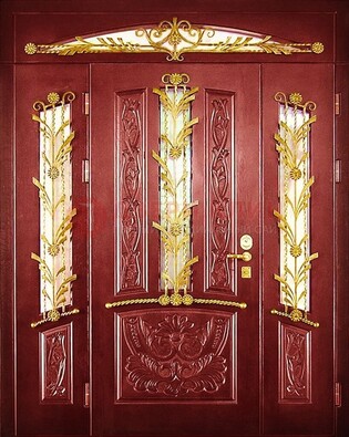 Бордовая железная парадная дверь со стеклом и ковкой ДПР-75 в Хотьково