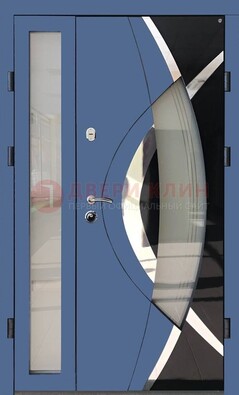 Синяя металлическая дверь со стеклом и узором ДС-13 в Хотьково