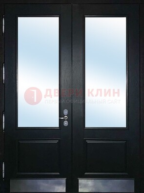 Черная двухстворчатая металлическая дверь со стеклом ДС-25 в Хотьково