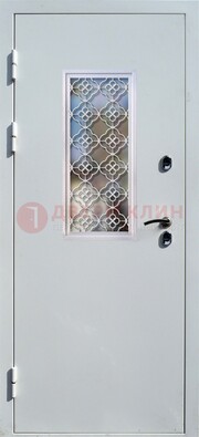 Серая металлическая дверь со стеклом и ковкой ДС-75 в Хотьково
