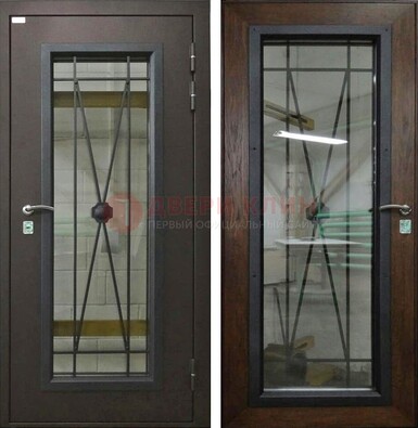 Коричневая железная дверь со стеклом для частного дома ДС-8 в Хотьково