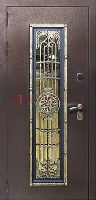 Железная дверь цвета медный антик со стеклом и ковкой ДСК-105 в Омске