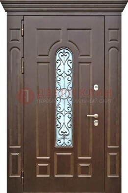 Коричневая железная дверь со стеклом ковкой для частного дома ДСК-133 в Краснодаре
