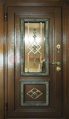 Теплая входная дверь со стеклом и ковкой разноцветной ДСК-13 в Хотьково