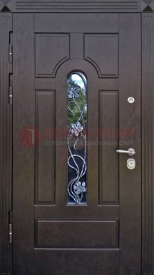 Металлическая дверь со стеклом и ковкой в цвете венге ДСК-142 в Хотьково