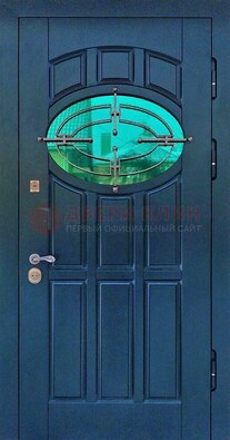 Синяя металлическая дверь со стеклом и ковкой ДСК-143 в Павловском Посаде