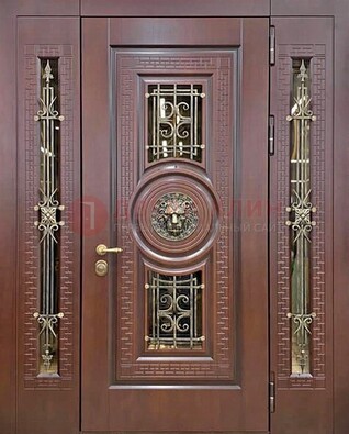 Коричневая стальная дверь со стеклом и ковкой ДСК-147 с фрамугами в Хотьково