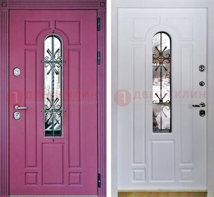 Розовая металлическая дверь со стеклом и ковкой ДСК-151 в Хотьково