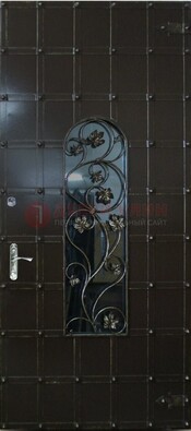 Высокая железная дверь со стеклом и ковкой ДСК-15 в Хотьково