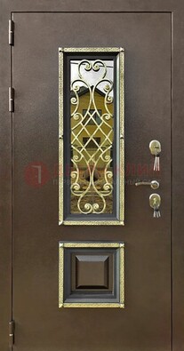 Входная дверь порошок со стеклом и ковкой для коттеджа ДСК-166 в Хотьково
