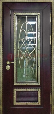 Темная уличная дверь порошок со стеклом и ковкой ДСК-167 в Ивантеевке