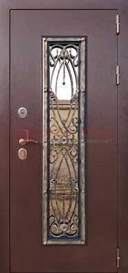 Коричневая стальная дверь порошок со стеклом и ковкой для дома ДСК-169 в Перми