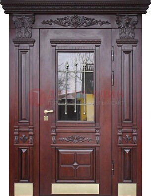 Железная парадная дверь массив дуба со стеклом и ковкой ДСК-175 в Хотьково