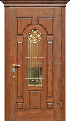 Коричневая железная дверь винорит со стеклом и ковкой ДСК-189 в Краснодаре