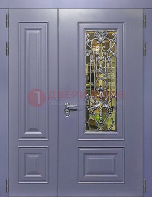 Сиреневая стальная дверь со стеклом и ковкой ДСК-199 в Хотьково