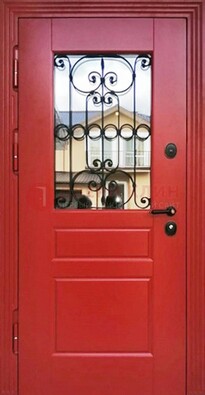 Красная железная дверь Винорит со стеклом и ковкой ДСК-205 в Хотьково