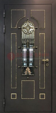 Темная входная дверь Винорит со стеклом и ковкой ДСК-211 в Хотьково