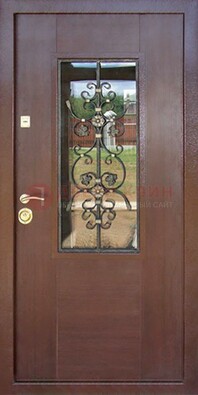 Входная дверь Винорит со стеклом и ковкой в коричневом цвете ДСК-212 в Ярославле