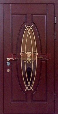 Бордовая стальная дверь Винорит со стеклом и ковкой ДСК-263 в Хотьково