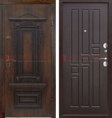 Железная коричневая уличная дверь с виноритом и МДФ Шоколад ДВТ-124 в Хотьково