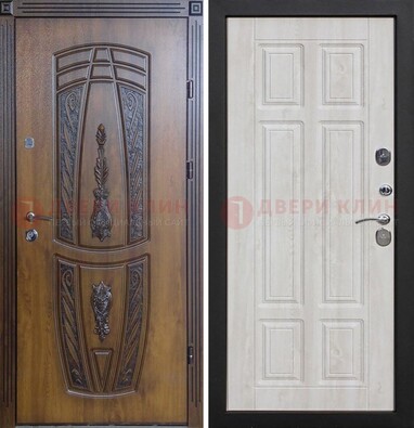 Железная коричневая уличная дверь с виноритом и МДФ Беленый дуб ДВТ-125 в Хотьково