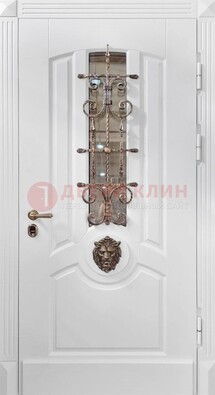 Белая металлическая дверь с виноритом и стеклом с ковкой ДВТ-165 в Хотьково