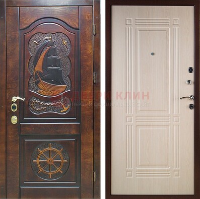 Коричневая железная дверь с виноритом и светлой внутренней панелью ДВТ-51 в Хотьково
