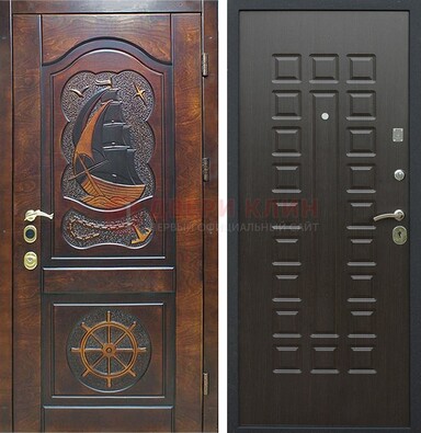 Коричневая металлическая дверь с виноритом и внутренней панелью венге ДВТ-52 в Хотьково