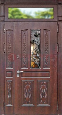 Коричневая металлическая дверь с виноритом и резьбой ДВТ-56 в Хотьково