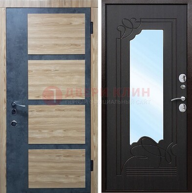 Металлическая дверь Темный орех c фрезерованной МДФ с зеркалом ДЗ-103 в Хотьково