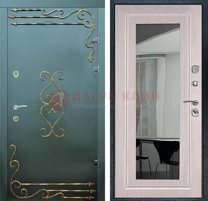 Железная темная дверь c порошковым напылением и МДФ Белый дуб с зеркалом ДЗ-110 в Хотьково