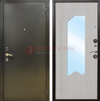 Входная темно-серая дверь c порошковым покрытием и МДФ с резьбой и зеркалом ДЗ-113 в Хотьково