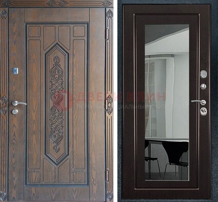 Уличная коричневая дверь c виноритом и МДФ Венге с зеркалом ДЗ-116 в Хотьково