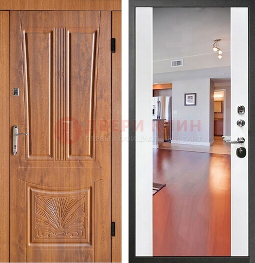 Входная коричневая дверь терморазрыв c виноритом и белая МДФ c зеркалом ДЗ-123