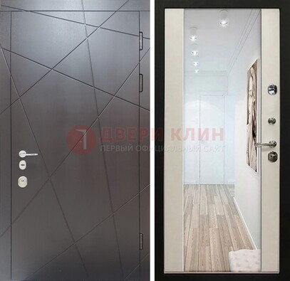Железная коричневая дверь со светлой МДФ внутри и зеркалом ДЗ-125 в Хотьково