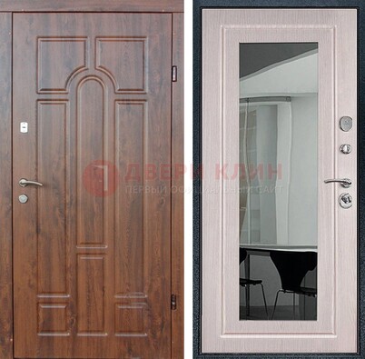 Входная коричневая дверь с МДФ Белый дуб и зеркалом ДЗ-126 в Хотьково