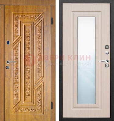 Темная железная дверь с зеркалом МДФ Белый дуб ДЗ-128 в Хотьково
