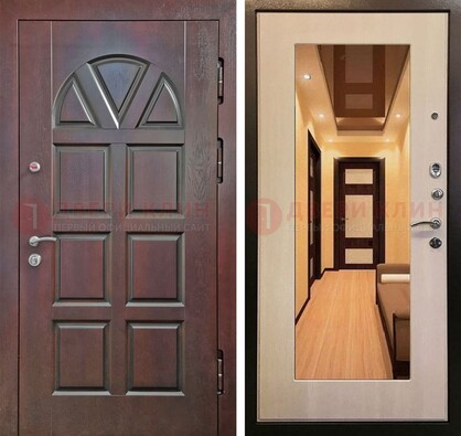 Темная железная дверь с МДФ и зеркалом в квартиру ДЗ-135 в Хотьково
