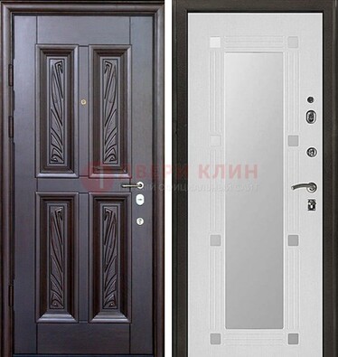 Коричневая стальная дверь с зеркалом МДФ внутри ДЗ-44 в Хотьково