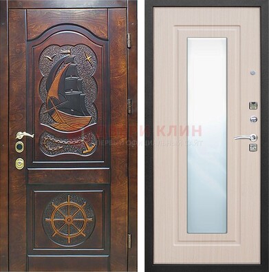 Темная уличная дверь с резьбой и зеркалом внутри ДЗ-49 в Хотьково