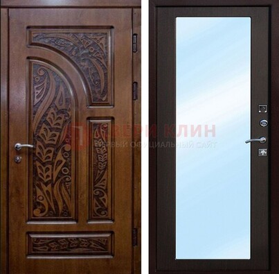 Коричневая входная дверь c узором и виноритом МДФ с зеркалом ДЗ-98 в Хотьково