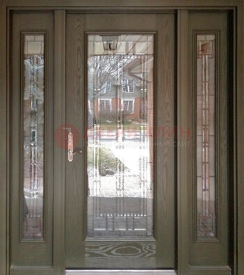Коричневая стальная дверь с массивом дуба с витражом ВЖ-16 в Хотьково
