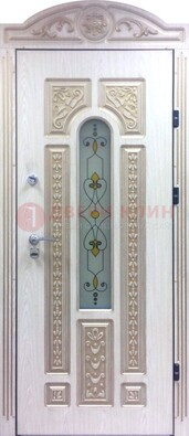 Белая железная дверь с МДФ и витражом ВЖ-26 в Хотьково