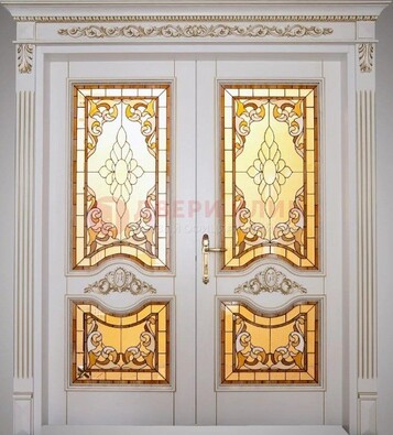 Элитная металлическая дверь с витражом и отделкой массив ВЖ-4 в Хотьково