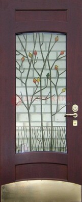 Бордовая стальная дверь с витражом и декоративным элементом ВЖ-3 в Челябинске